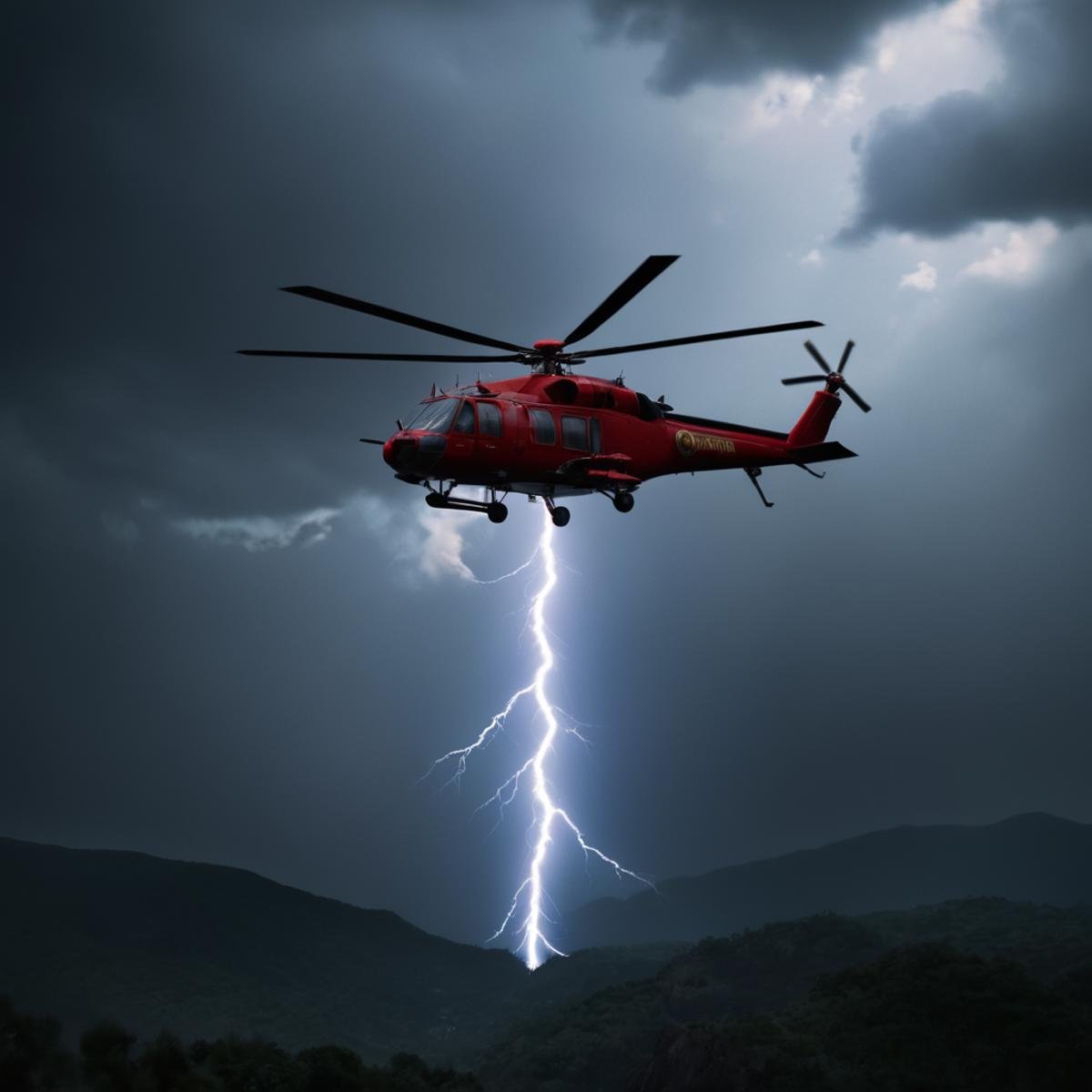cinematic film still of a helicopter flying through a dark sky with a lightning bolt,  scenery,  science fiction by EauDeN...