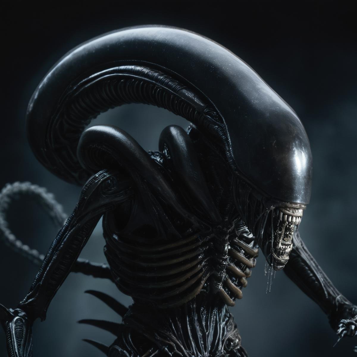 cinematic film still of Xenomorph a statue of a alien with a large head and a long tail,  endoparasitoid extraterrestrial...