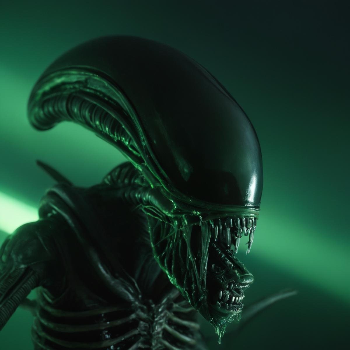 cinematic film still of Xenomorph a close up of a alien statue with a green light in the background,  endoparasitoid extra...