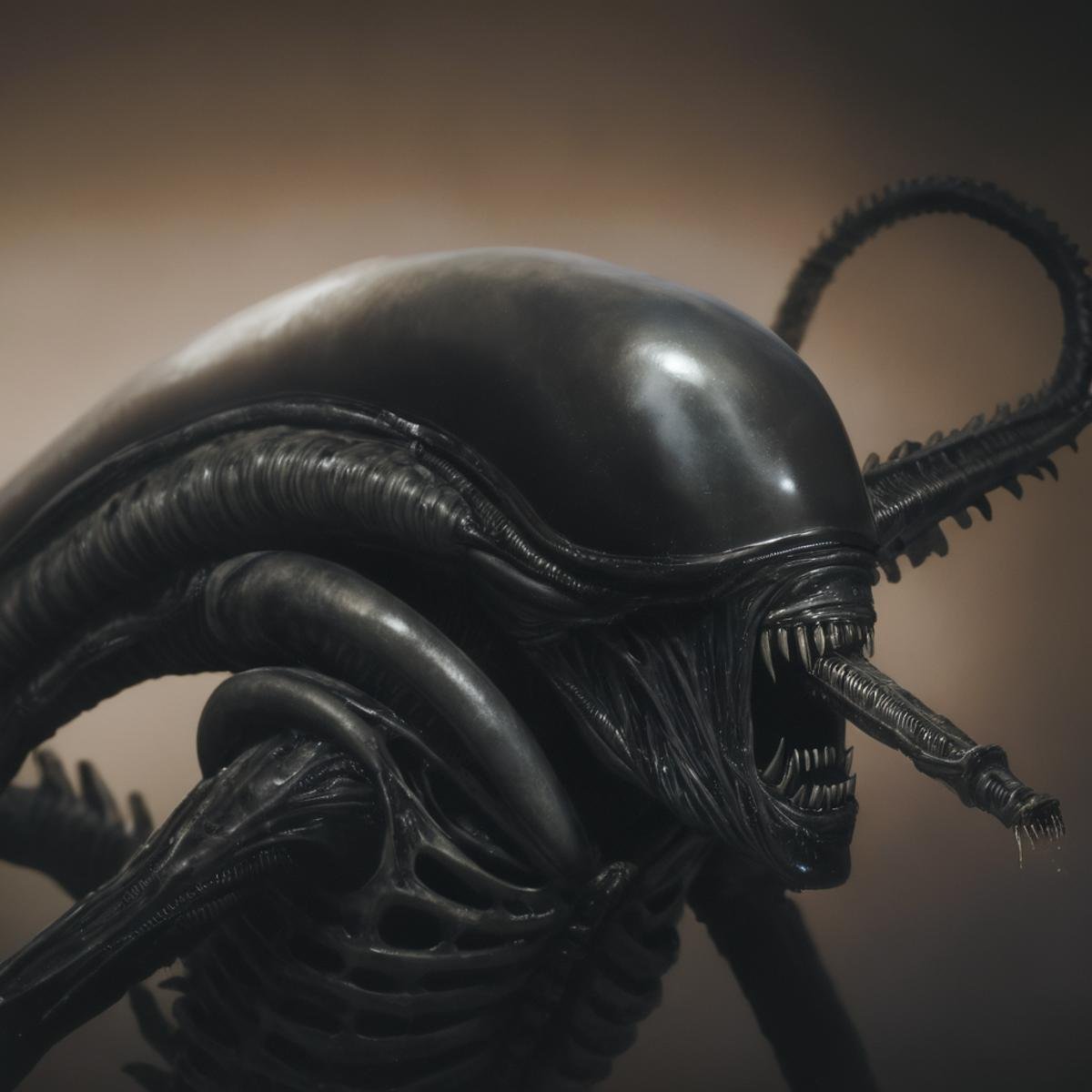cinematic film still of Xenomorph a drawing of a creature with a large head,  endoparasitoid extraterrestrial species,  so...