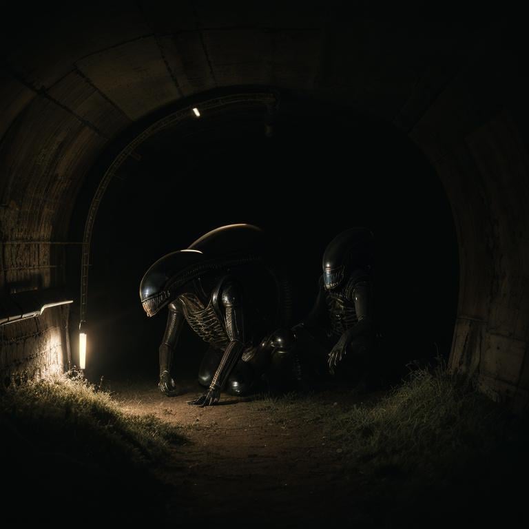 cinematic film still of Xenomorph an alien crawling in a tunnel,  endoparasitoid extraterrestrial species,  solo by EauDeN...