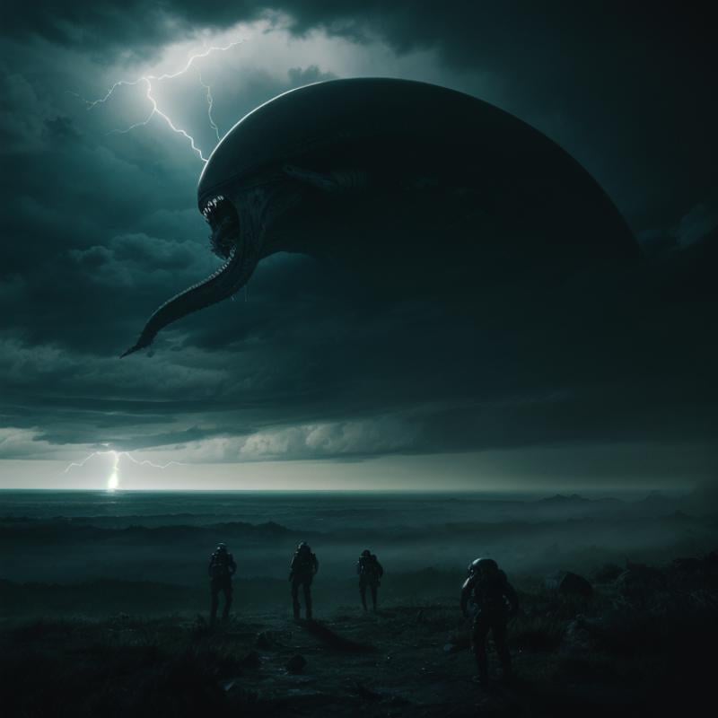 cinematic film still of a giant octopus shaped spaceship attacking a group of people,  endoparasitoid extraterrestrial spe...