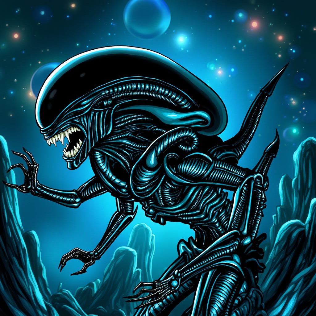 cinematic film still of Xenomorph a comic book cover with a giant alien,  endoparasitoid extraterrestrial species,  open m...