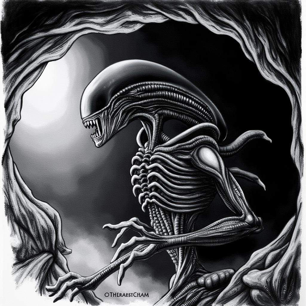 cinematic film still of Xenomorph a black and white drawing of a alien inside a cave,  endoparasitoid extraterrestrial spe...