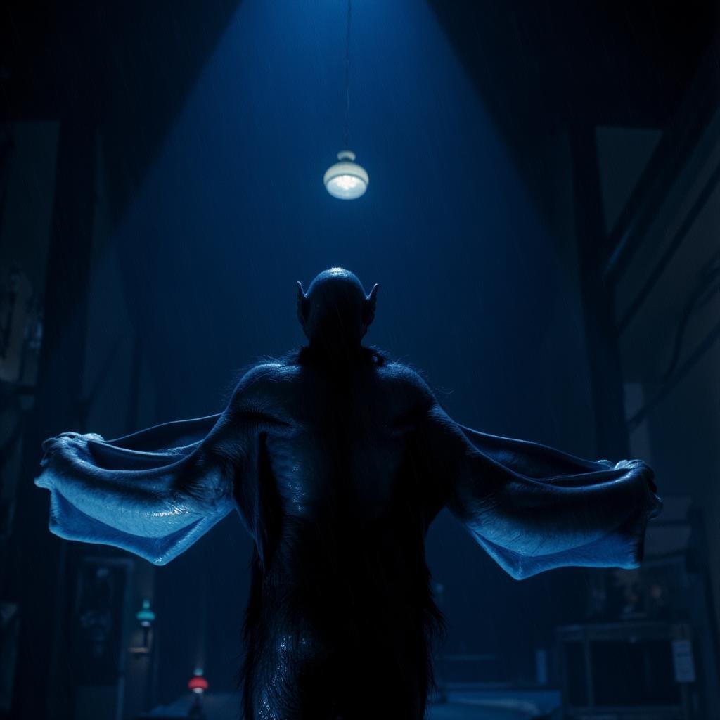 cinematic film still of Vampire Bat creature a bat creature from behind standing in the rain with its wings spread and bat...