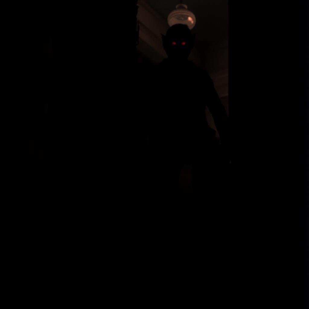 cinematic film still of Vampire Bat creature a silhouetted red eyes creature in a dark room with a staring red eyes,  perf...