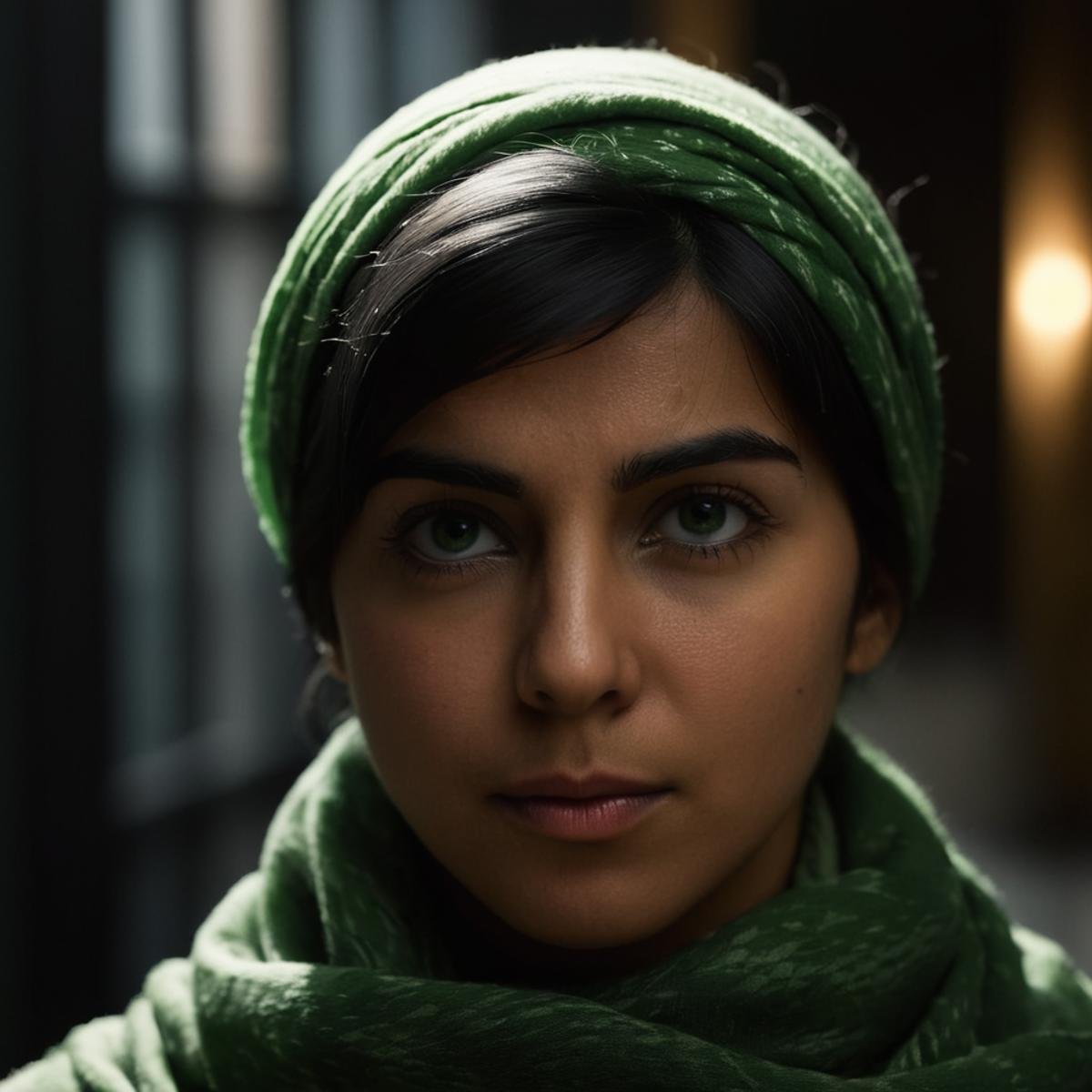 cinematic film still of Farah Karim a woman with a scarf on her head staring at camera in a dark room with sunlight window...