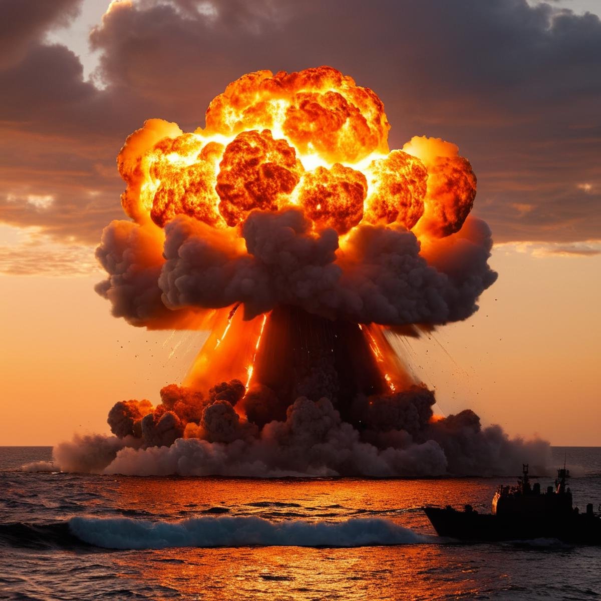 cinematic film still of Explosion BLAST a nuclear explosion is seen over the ocean modern warfare style,  sky,  cloud by E...