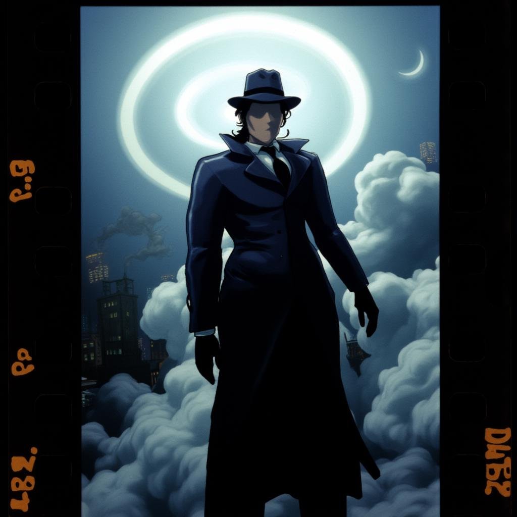 analog film photo of In the The DC Comic Cinematic Animated Universe The Question a faceless woman in a hat and coat stand...