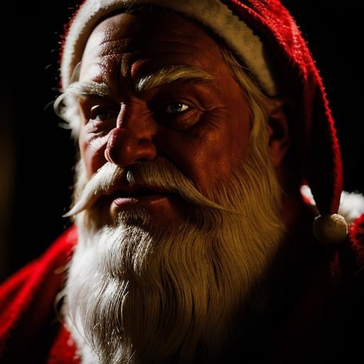 cinematic film still of Santa Claus a cartoon creepy santa claus with a red eyes in Christmas Eve,  shallow depth of field...