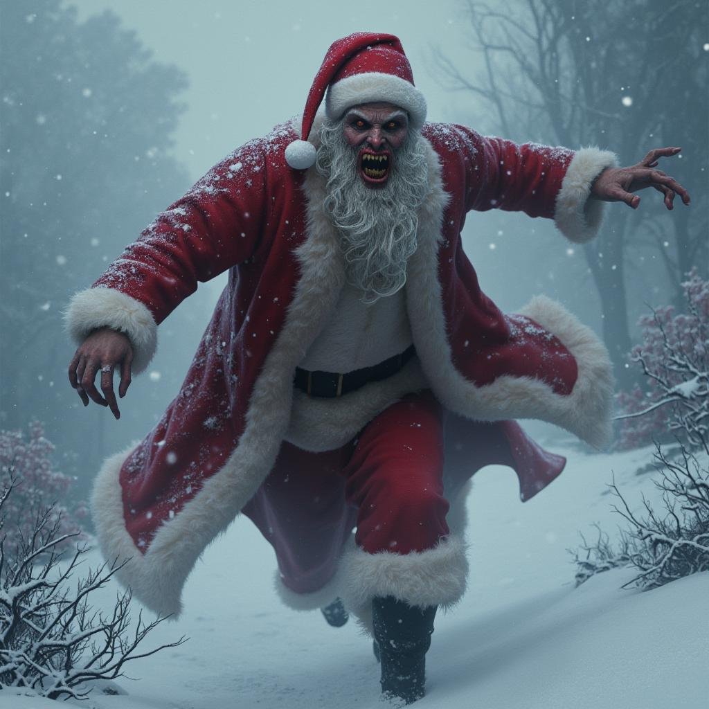 Hyperrealistic art of Santa Claus a creepy demonic santa claus is running through the snow in Christmas Eve,  solo,  open...
