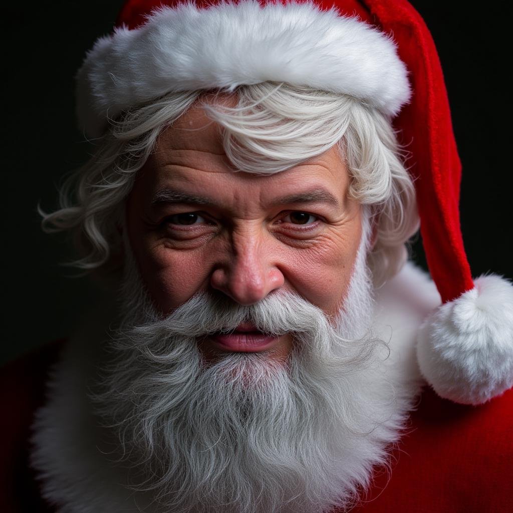 Hyperrealistic art of Santa Claus a closeup of an old man with a beard wearing a red and white hat smiling sad in Christma...