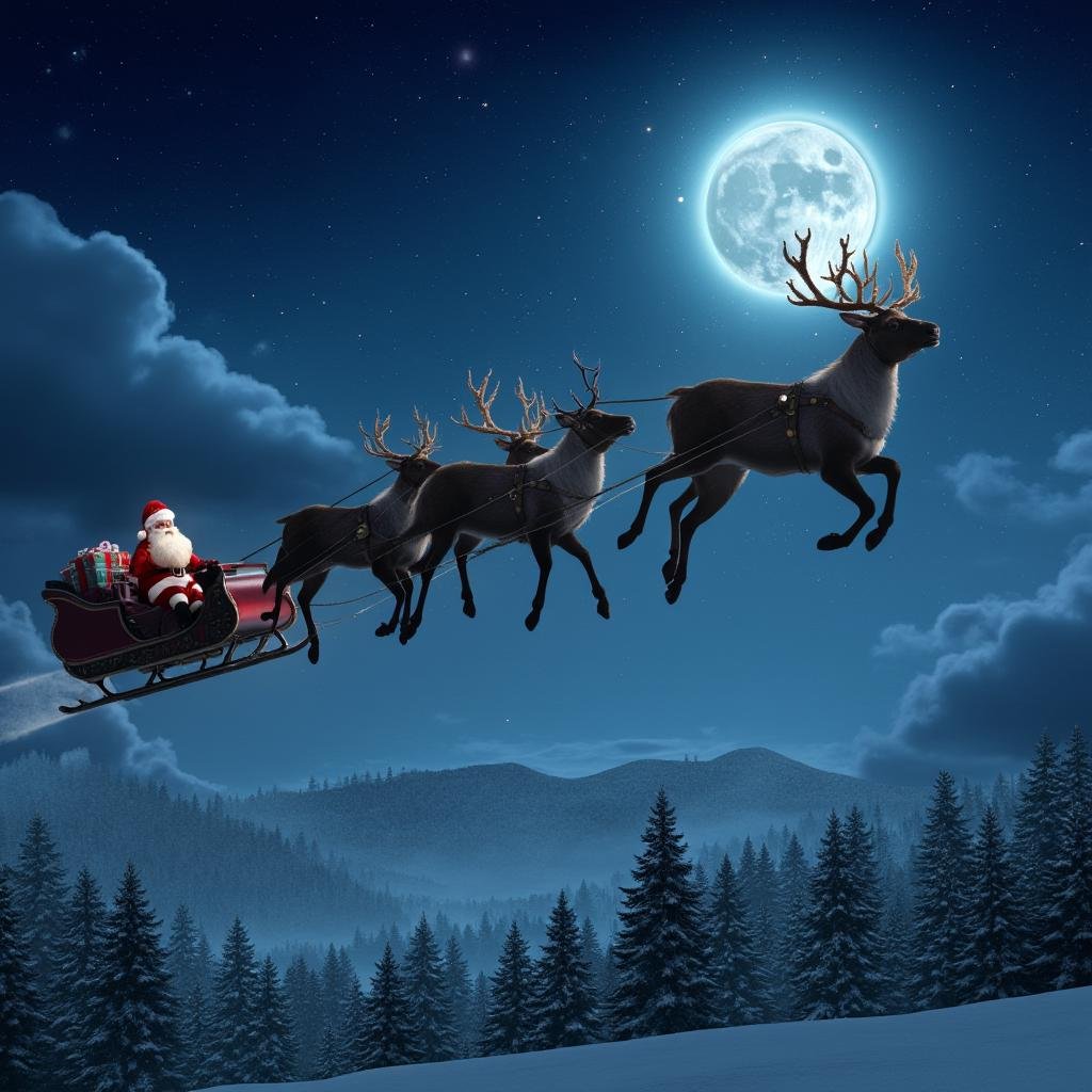 Hyperrealistic art of In vintage themed Christmas style a santa claus reindeer sleigh flying through the night sky,  1960'...