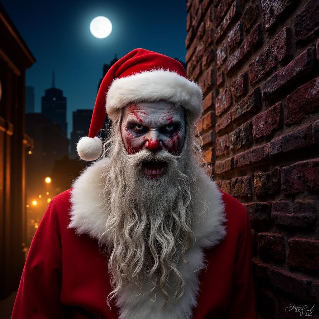 Hyperrealistic art of In vintage themed Christmas style a zombie dressed as santa claus with a bloody face,  1960's cinema...
