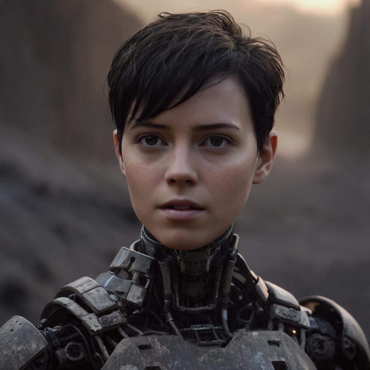 cinematic film still of a woman with a half robot android face covered in dirt,  solo,  looking at viewer by EauDeNoire on...