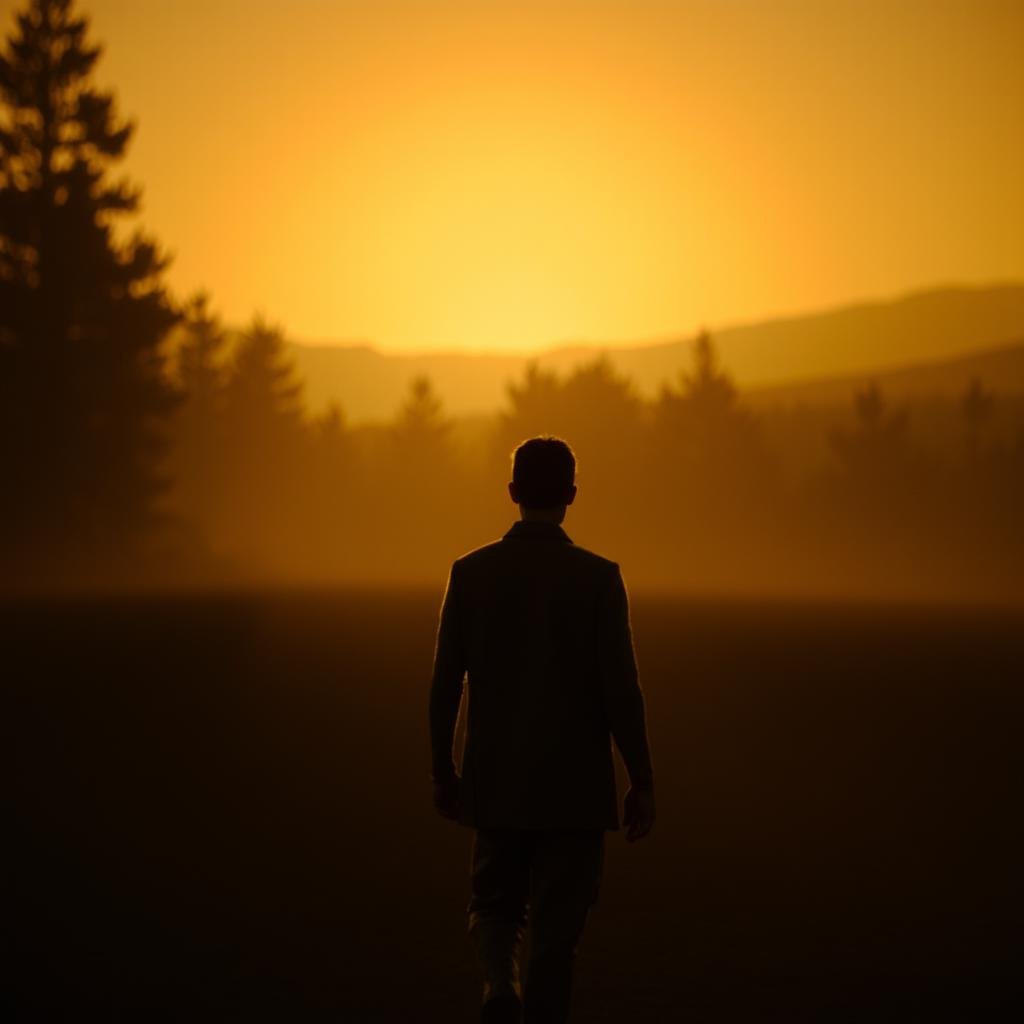cinematic film still of In 3D rendering style,  a dark themed image of a man walking in the fog with a sunset in backgroun...