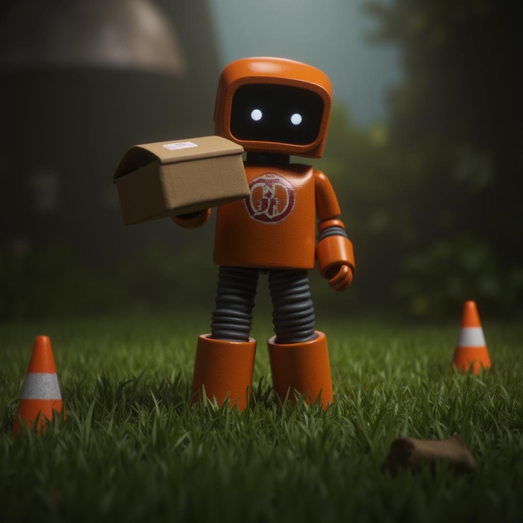 Hyperrealistic art of In 3D rendering style,  a dark themed image of a small orange robot with a small box in its hand,  s...