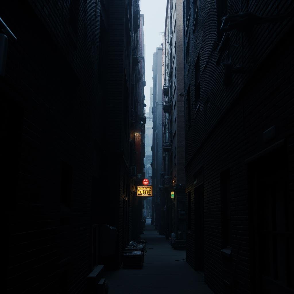 Hyperrealistic art of In 3D rendering style,  a dark themed image of a narrow alley with a lot of buildings,  outdoors by...