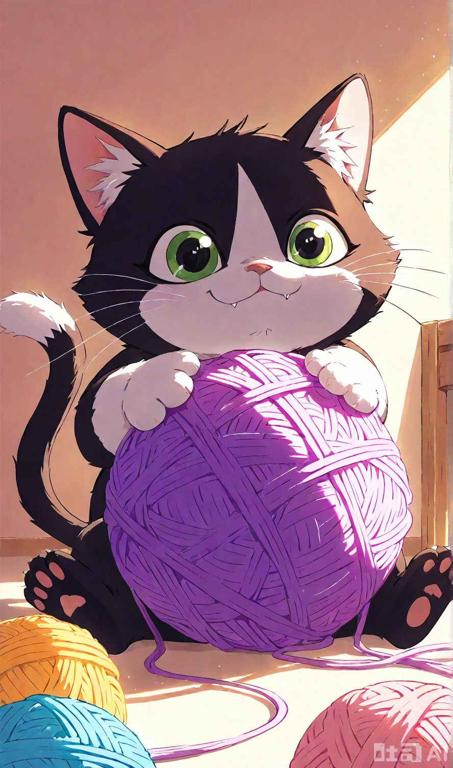 Create a whimsical cartoon scene featuring a cute,  chubby cat with large,  expressive eyes. The cat is playfully batting...