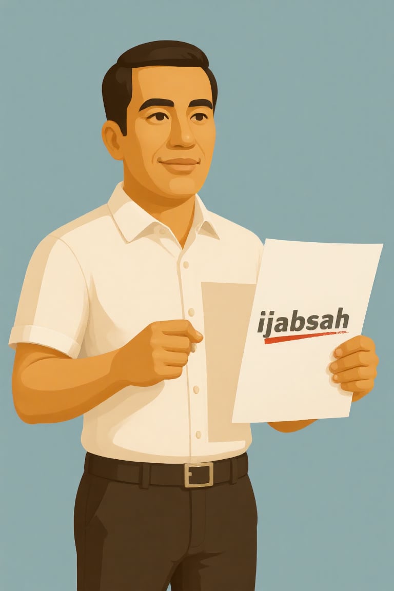 A MAN WEARING WHITE SHIRT AND BLACK PANTS HOLDING A PAPER with the text "ijabsah",  vector art by nayamul on Tensor.Art