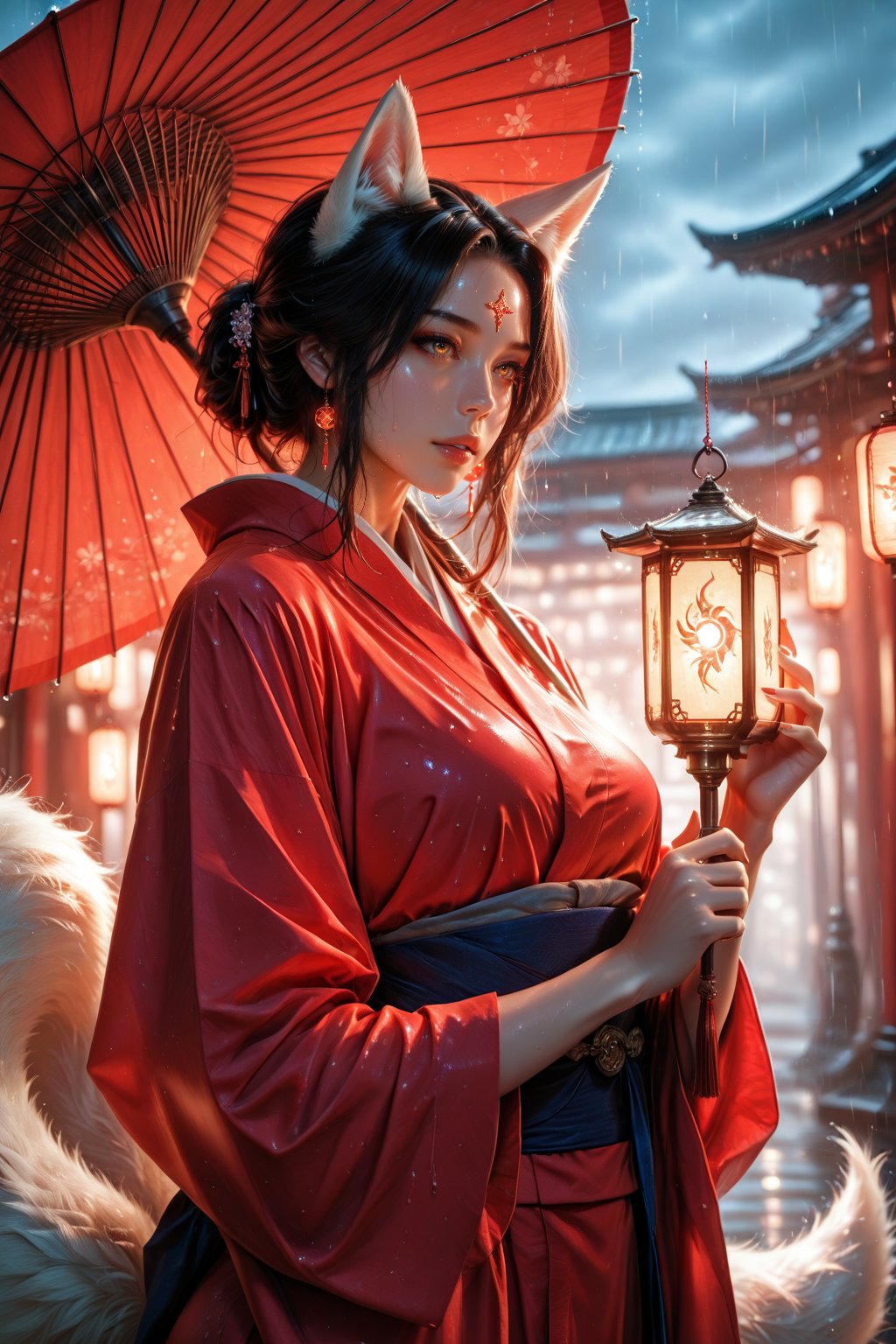 anime-style cinematic close-up of a kitsune spirit girl with nine semi-transparent glowing fox tails,  wearing a soaked re...