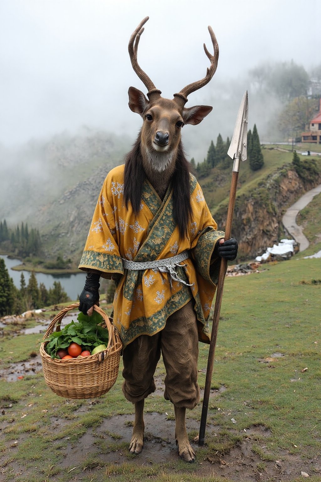 A full-body view of a humanoid female with the head of a sika deer,  including full sika deer antlers,  large expressive d...