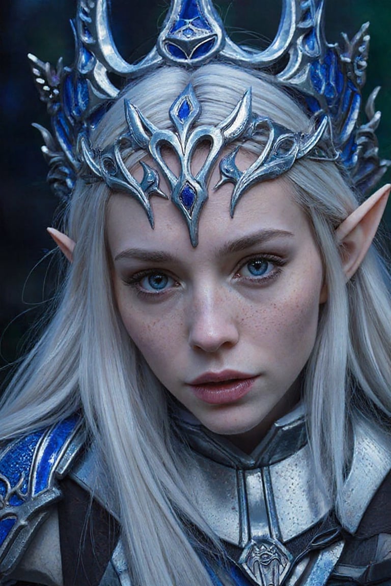 A hyper-realistic digital painting of a female elf in a fantasy setting. The subject is a young elf woman with long,  flow...