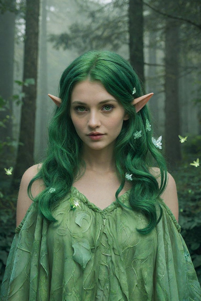 A highly detailed image depicting a elf with an ethereal,  mystical appearance. The subject is a young elf woman with long...