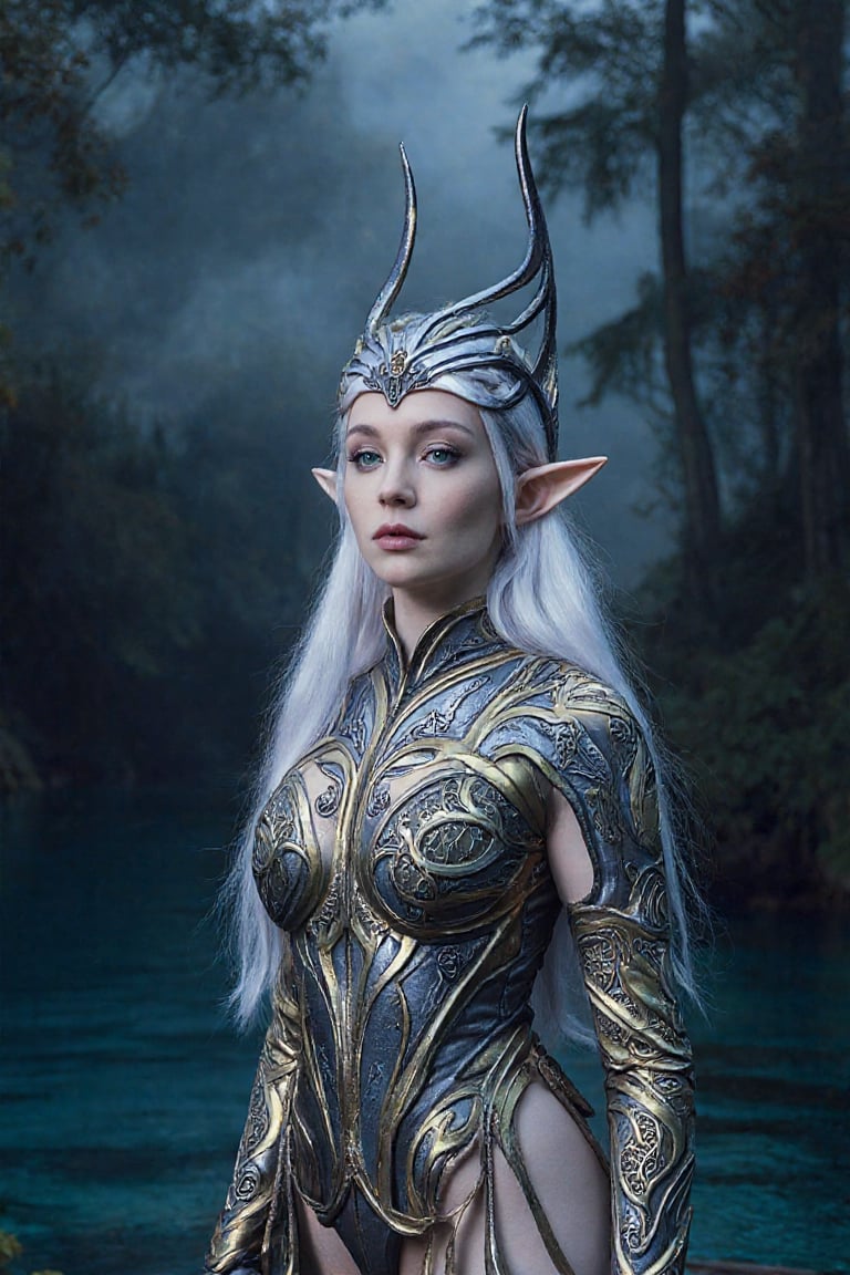 A highly detailed photography depiction of an elven female set in a mystical,  ethereal forest. The character stands in th...