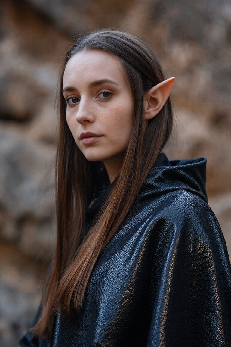 A high-resolution photograph of a elf woman with long,  straight brown hair parted down the middle and draped over her sho...
