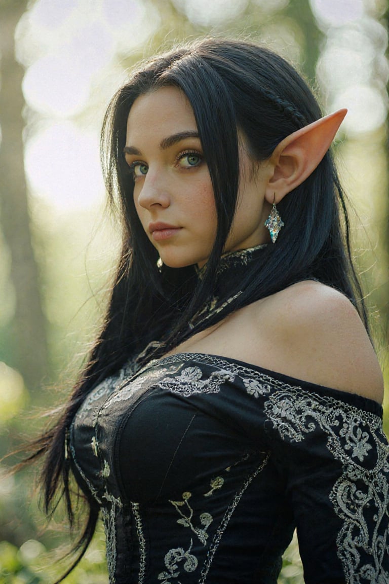 A highly detailed image depicting a elf with an otherworldly appearance. The subject is a young elf woman with long,  flow...