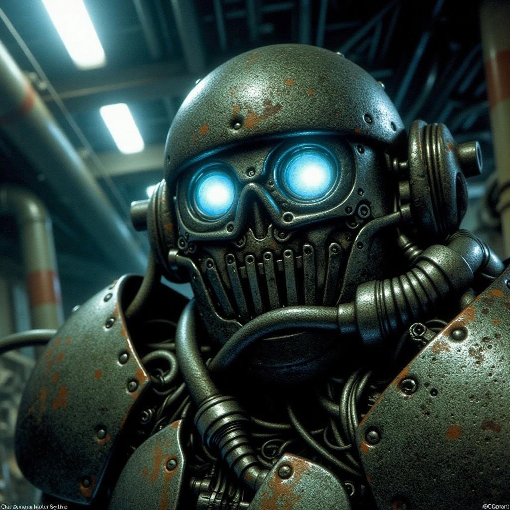 A close-up of a formidable and rugged male robot,  featuring metallic skin with visible dents and scars,  conveying a sens...