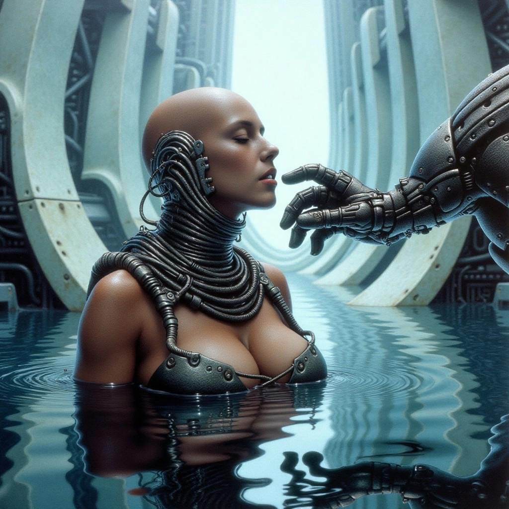 aked Cyberpunk female figure with bald head and intricate cybernetic enhancements submerged in water. Young adult,  dark s...