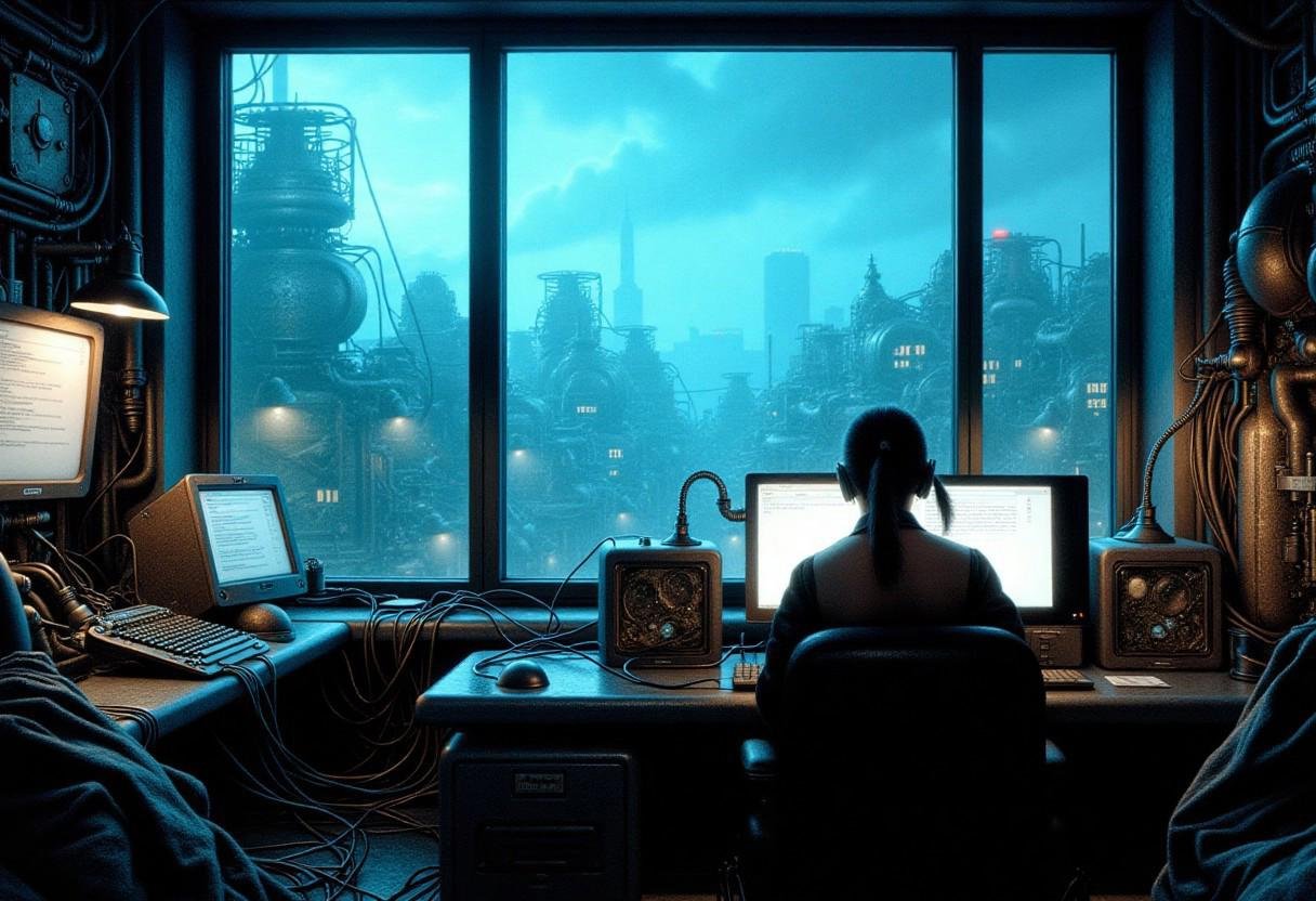 at a huge window,  a hacker girl is at a computer,  her face is illuminated by the light of the screen by Jahangir on Tens...