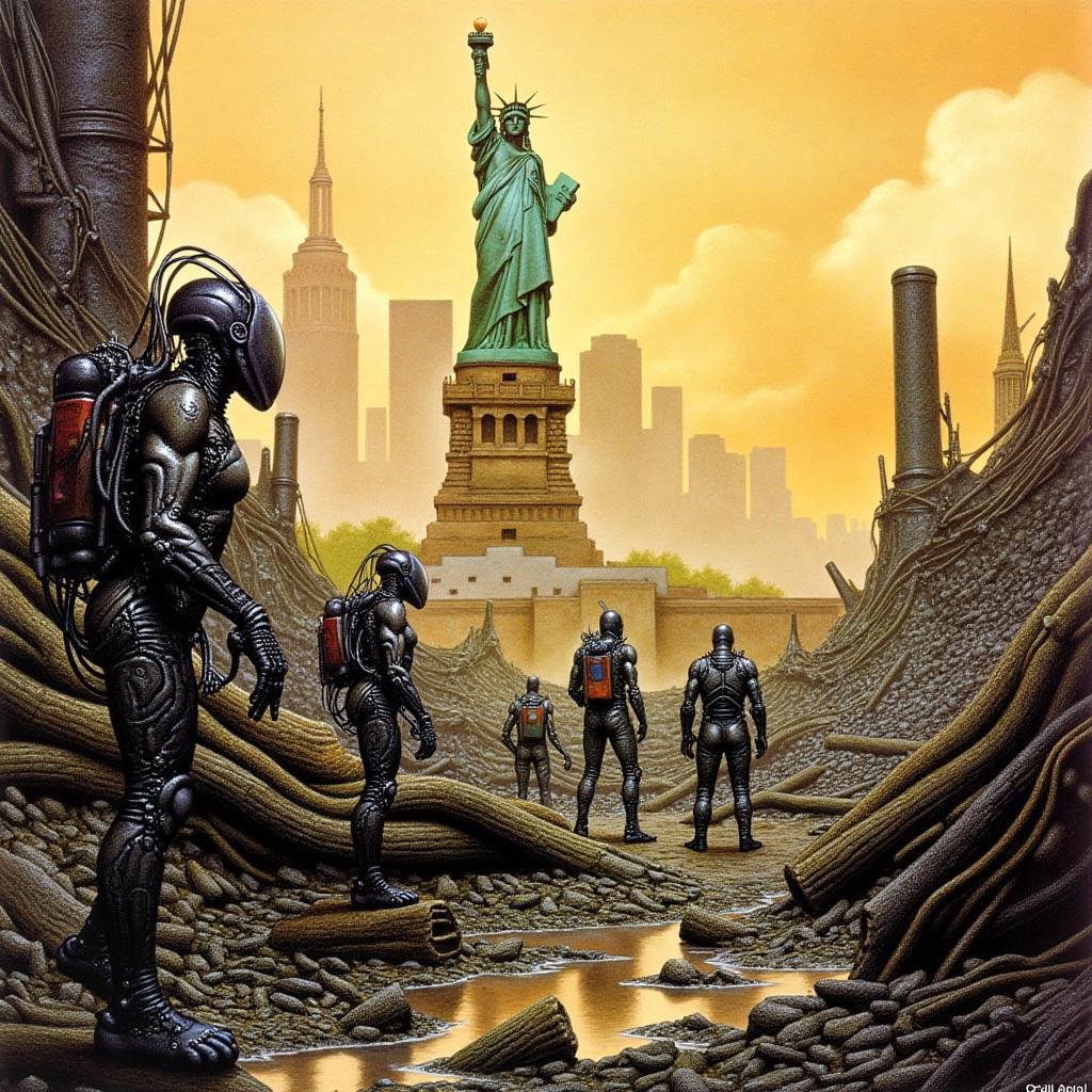 an epic panorama,  alien tourists in the ruins of post-apocalyptic New York,  the ruins of the city and the destroyed Stat...