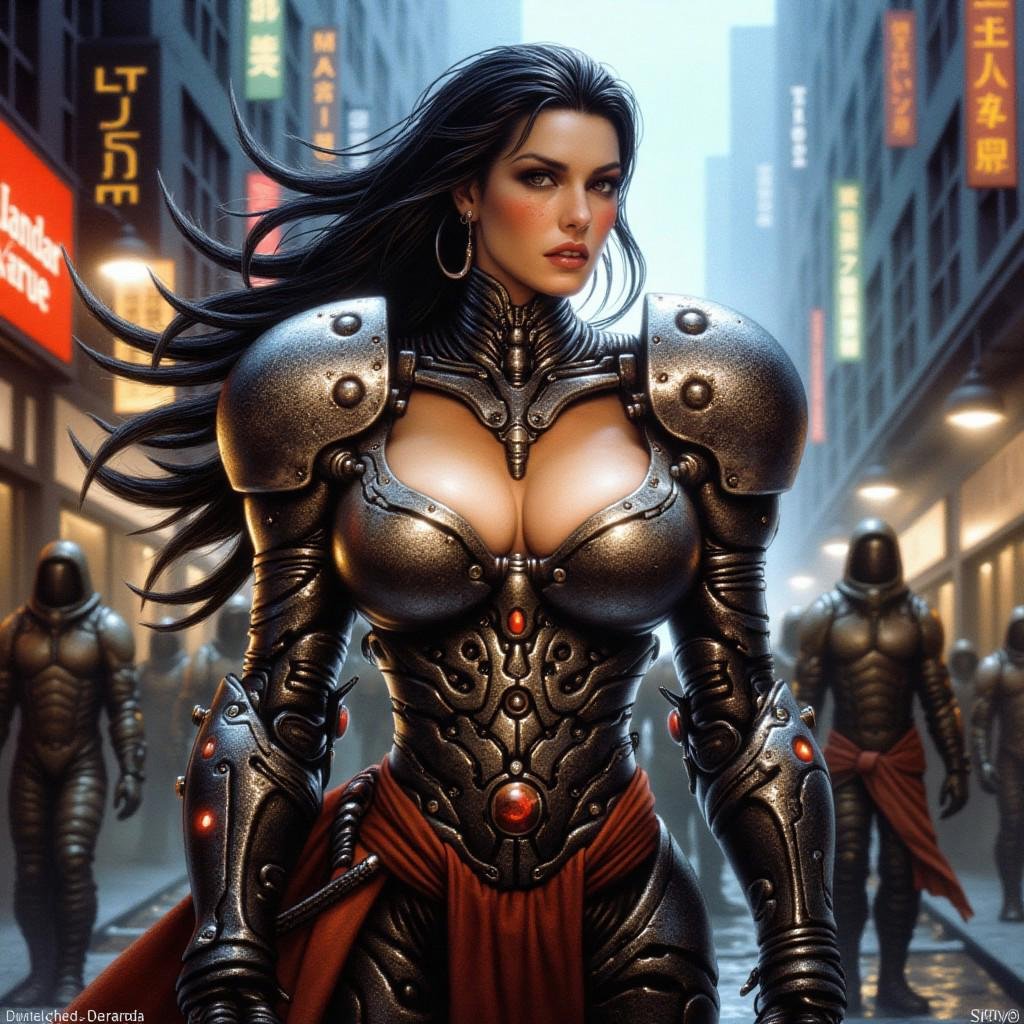 gorgeous female cyborg warrior on streets of Dizelpunk city by Jahangir on Tensor.Art