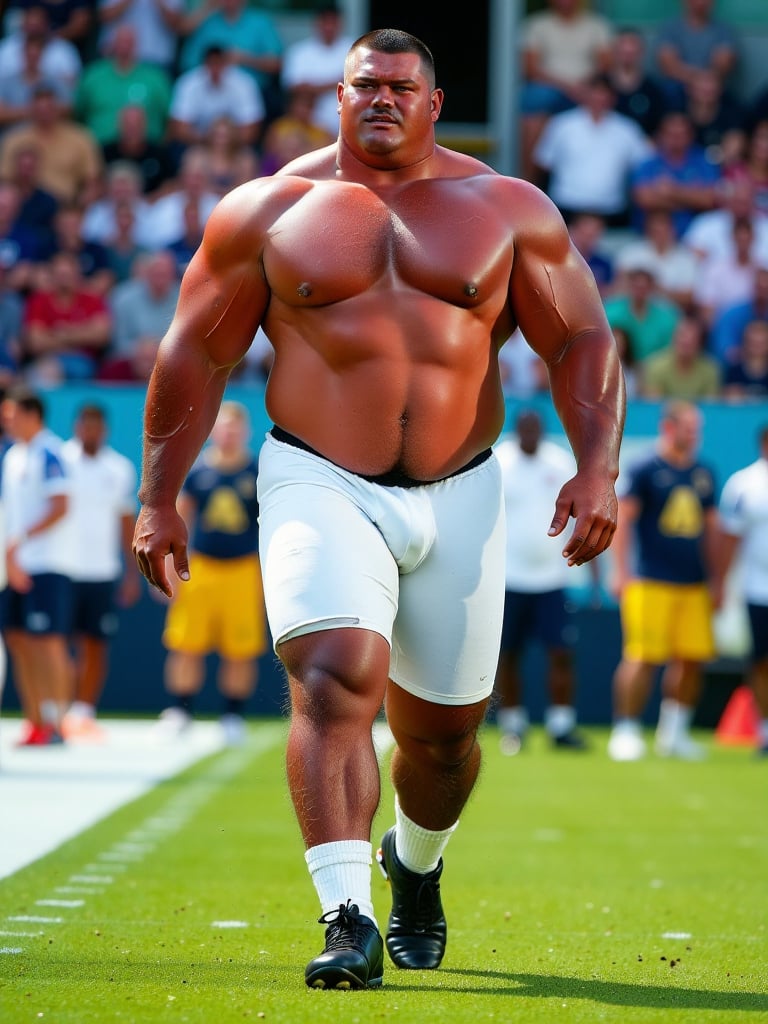 wide angle,  full body shot,  An ultra-realistic photograph portraying a huge giant barechested nfl football quarterback w...