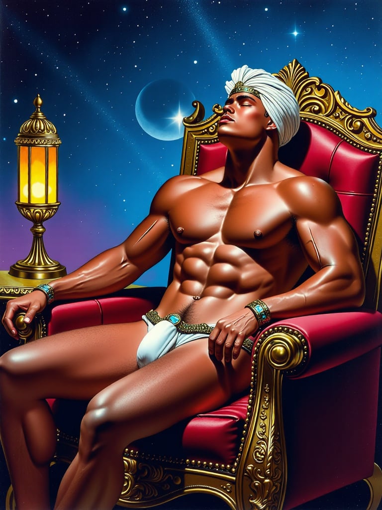 A stunning portrayal of a muscular man reclining gracefully on an intricately patterned throne,  set against a cosmic back...