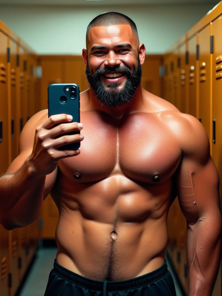 The image is a selfie of a a hairy-bodied,  beefy,  stout by Jahangir on Tensor.Art