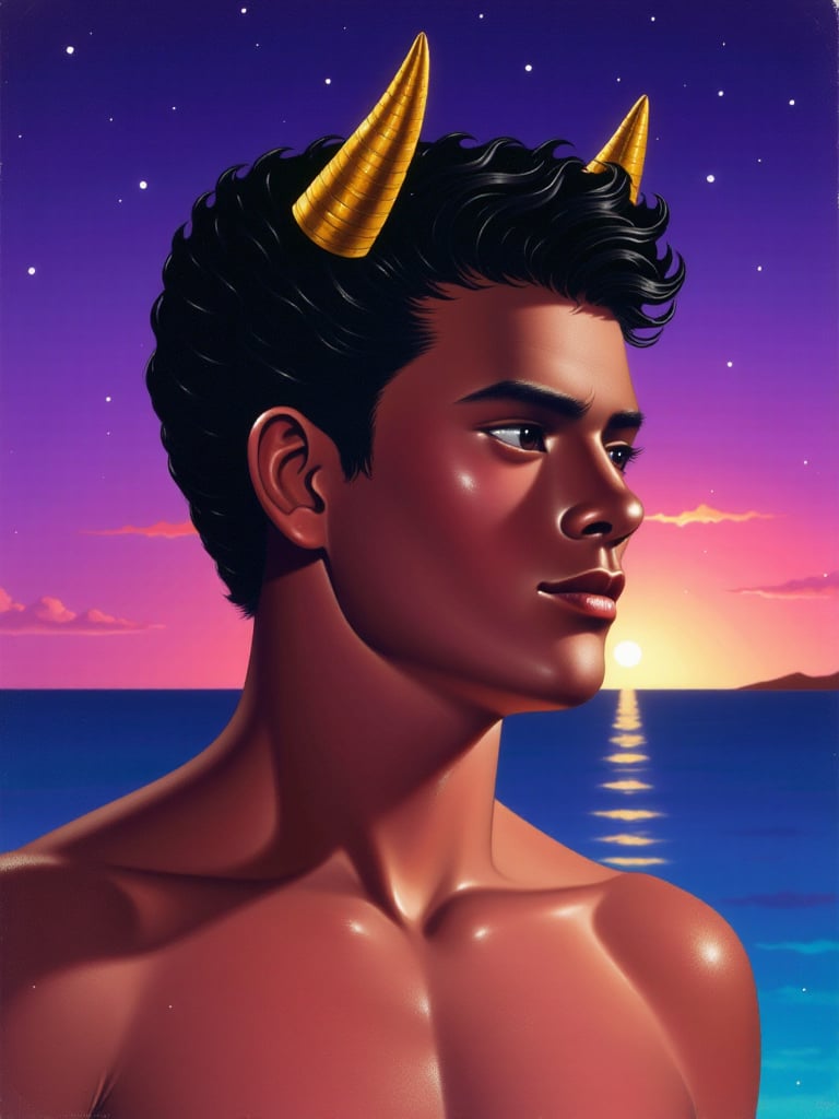 A portrait of a young man with a unique appearance,  featuring prominent golden horns atop his curly black hair. His expre...