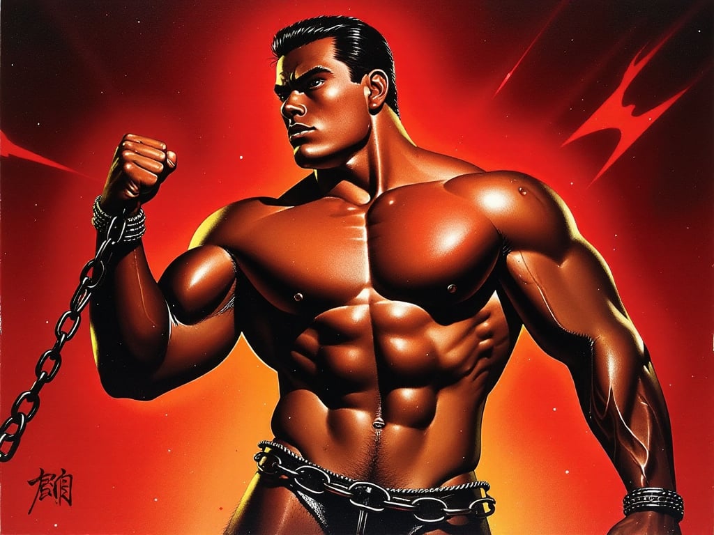 A powerful and dynamic image featuring a muscular man,  depicted in a realistic style that emphasizes bold colors and dram...