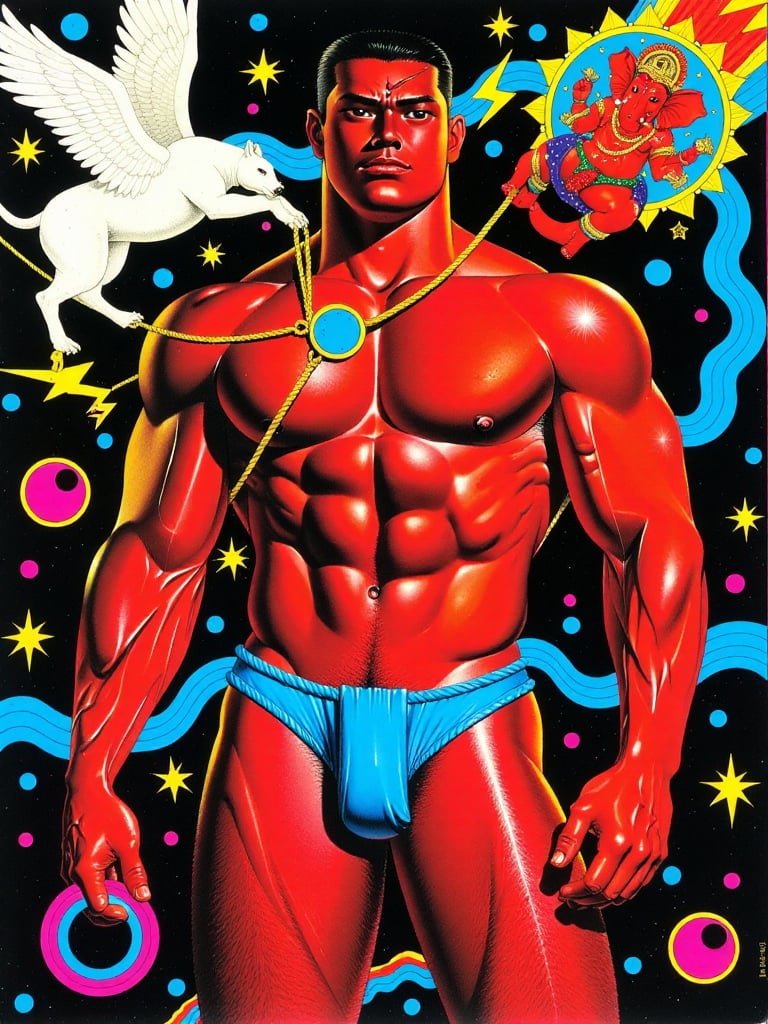 A vibrant and dynamic illustration featuring a muscular male figure adorned in a blue swimsuit,  dominating the compositio...