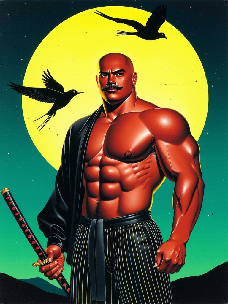 This illustration features a muscular,  bald man exuding strength,  dressed in traditional Japanese attire by Jahangir on...