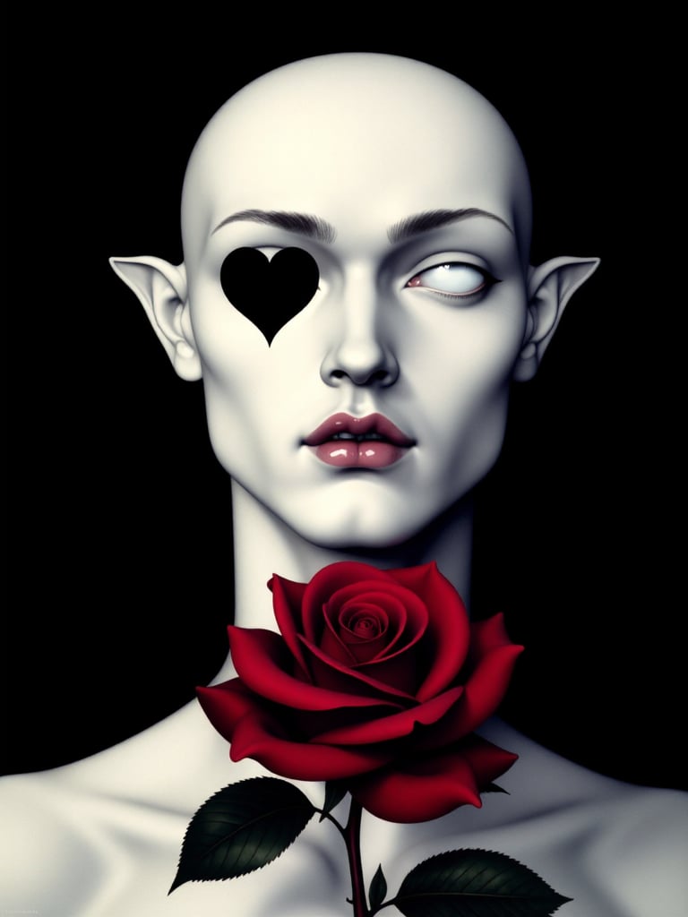 An ethereal portrait features a stylized humanoid face with a heart-shaped void where the eyes should be,  accentuating an...