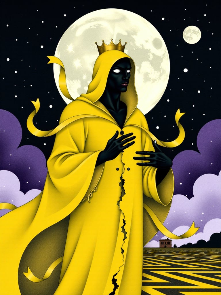 ODOM_art faceless entity wears yellow hooded tattered cloak with floating yellow ribbons,  and crown. full moon and epic n...