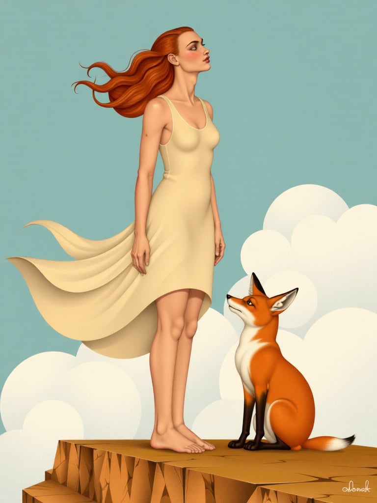ODOM_art A young woman with flowing,  reddish-brown hair,  stands On top of a cliff with rough textures. Her pose is one o...