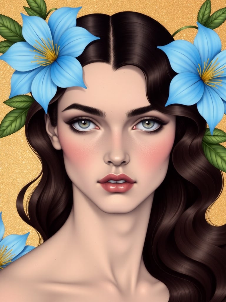 A stunning portrait of a young woman with delicate features,  set against a shimmering gold background. Her long,  wavy br...