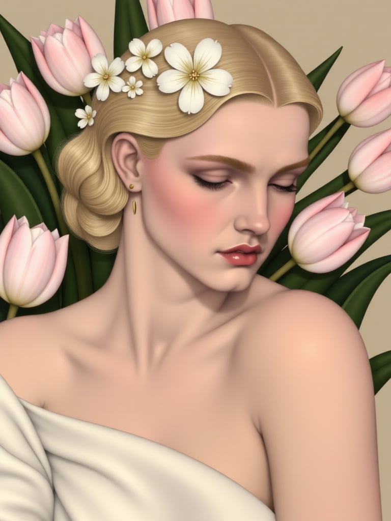 ODOM_art Pale-skinned young woman,  likely late teens to early twenties,  with light blonde hair adorned with a crown of d...