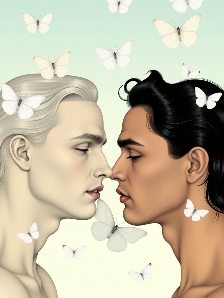 A striking composition featuring two androgynous figures gazing intensely at each other,  framed by a flurry of delicate w...