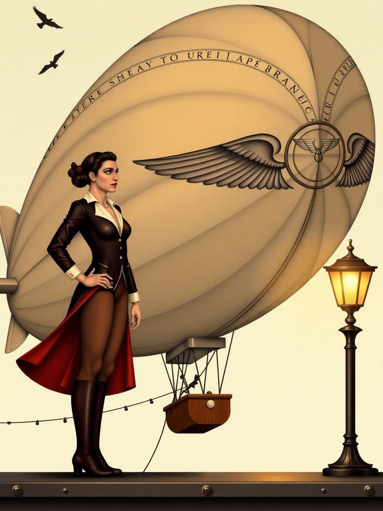 ODOM_art In a steampunk-inspired scene,  a close up portrait of a confident female aviator stands on a metal platform,  po...